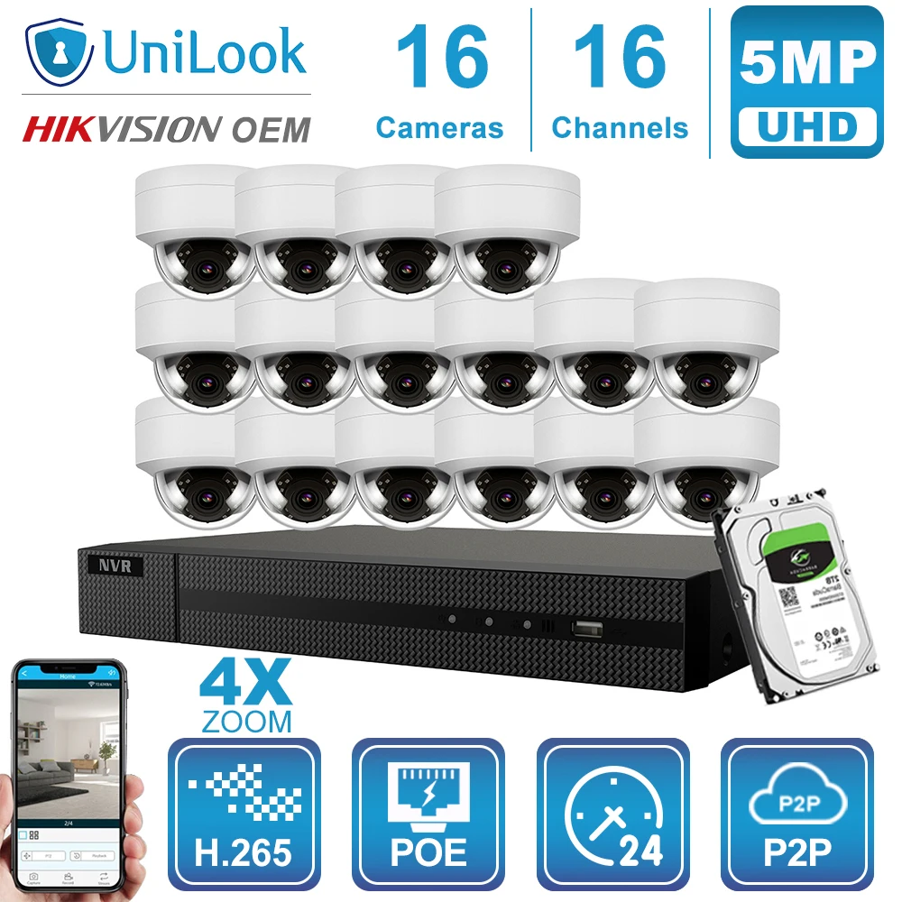 Hikvision OEM 16CH 4 к NVR 5MP купол аудио/4X оптический POE IP Камера 8/10/12/16 шт. открытый системы безопасности CCTV NVR Kit с HDD
