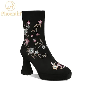 

Phoentin flower High-heeled boots embroidery platform shoes zip women high heels fashion women big size winter 2020 black FT1173