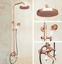 

Antique Red Copper Brass Dual Ceramic Handles Bathroom 8 Inch Round Rain Shower Faucet Set Tub Mixer Tap Hand Shower mrg575