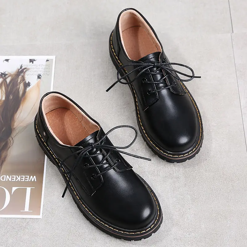 Women Oxford Shoes Leather Mary Jane Black Lolita Flats Fur Loafers Teen Girls School Big Size 43