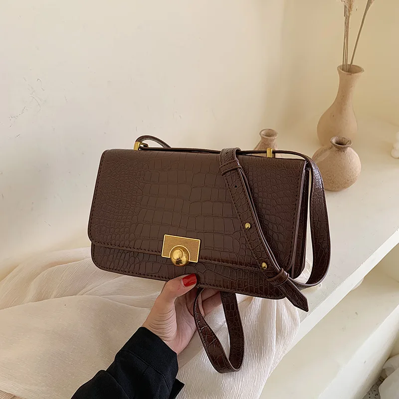 

Women's New Simple Shoulder Slung Small Square Bag INS Popular Crocodile Pattern Solid Color Messenger Bag Lady Brand Bags