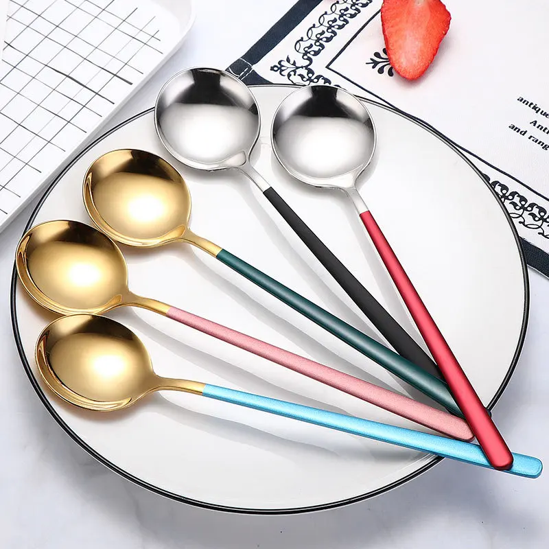 Cuchara de acero inoxidable de gran tamaño, utensilio de cocina para Postres, helados, cucharas coreanas con mango largo