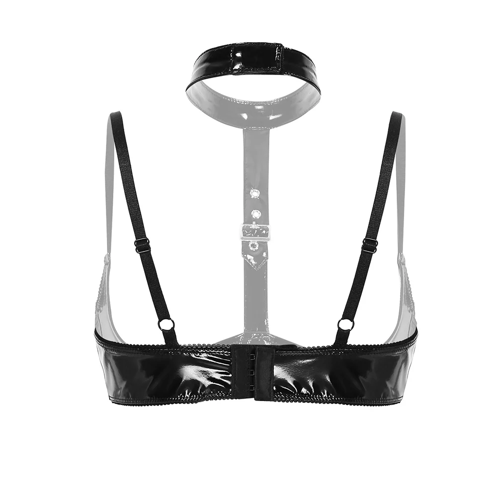 TiaoBug Hot Sexy Women Wet Look Patent Leather Lingerie Halter Adjustable Spaghetti Straps Open Half Cups Wire-free Erotic Bra