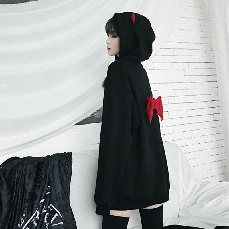 

Women Demon Wings Hoodie Loose Sweatshirt Punk Gothic Long Sleeve Tops Casual JS24