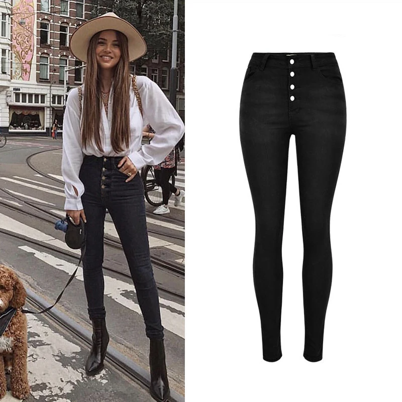 

Stretch Jeans Capri Woman Pencil Pants Single Breasted Button High Waist Skinny Denim Trousers Elastic Boyfriend Plus Size Xs xl