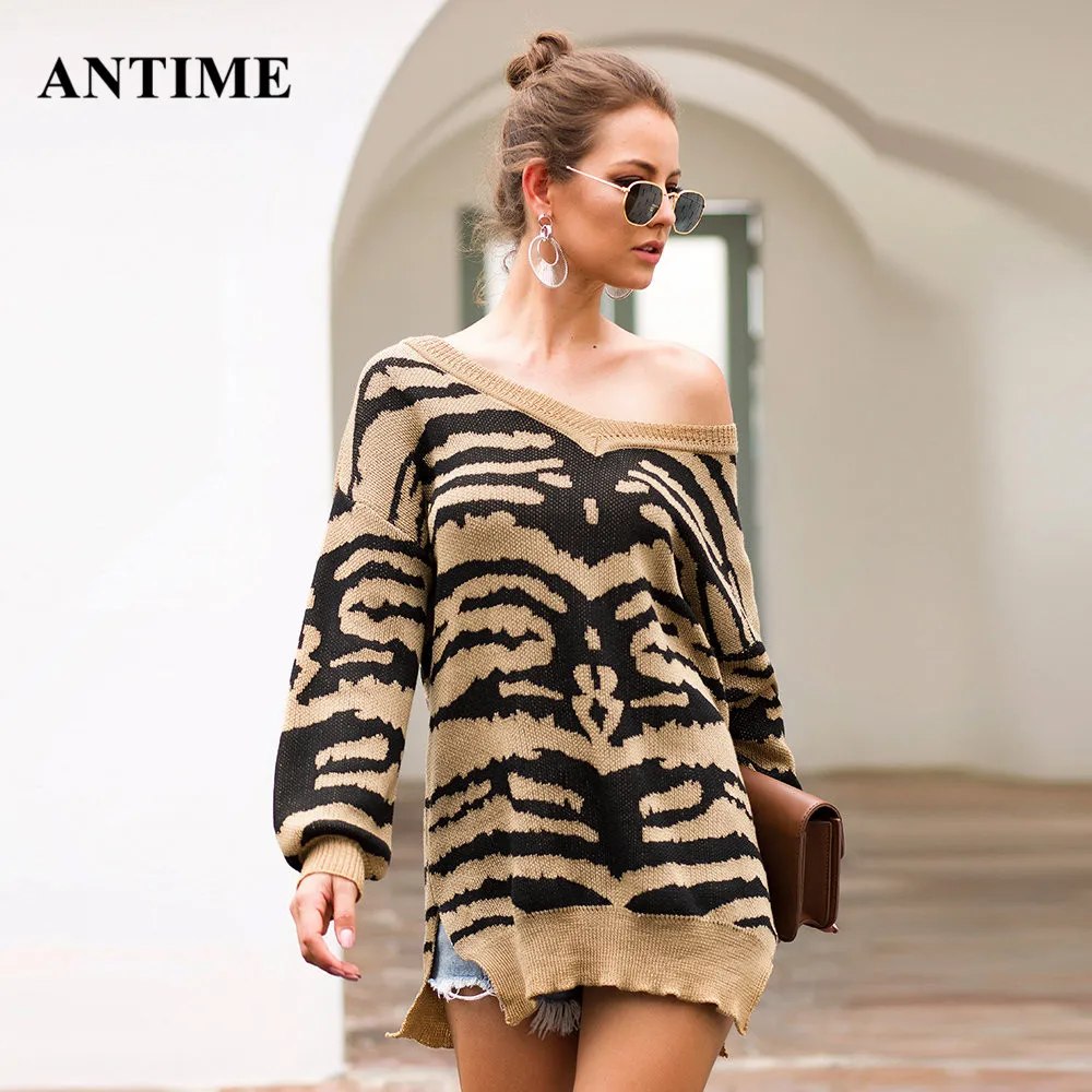 

Antime 2019 Women Sweater Leopard Lantern Sleeve V Neck Casual Jumpers Autumn Winter Loose Knitted Cotton Pullovers