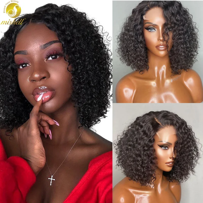 Mishell Jerry Rizado corto Bob frente de encaje pelucas de cabello humano PrePlucked para las mujeres negras pelo Natural rizado profundo rizado Peluca de cabello humano
