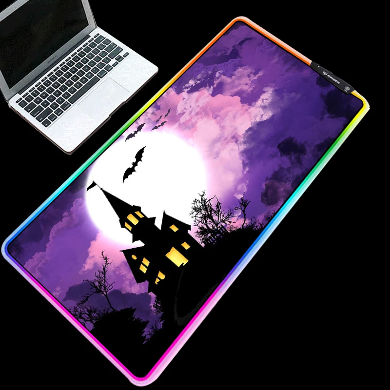 

Yuzuoan RGB Halloween Sinister Castle Picture Handsome Glow Mouse Pad With Glowing Edges Home Computer PC Desk Mat