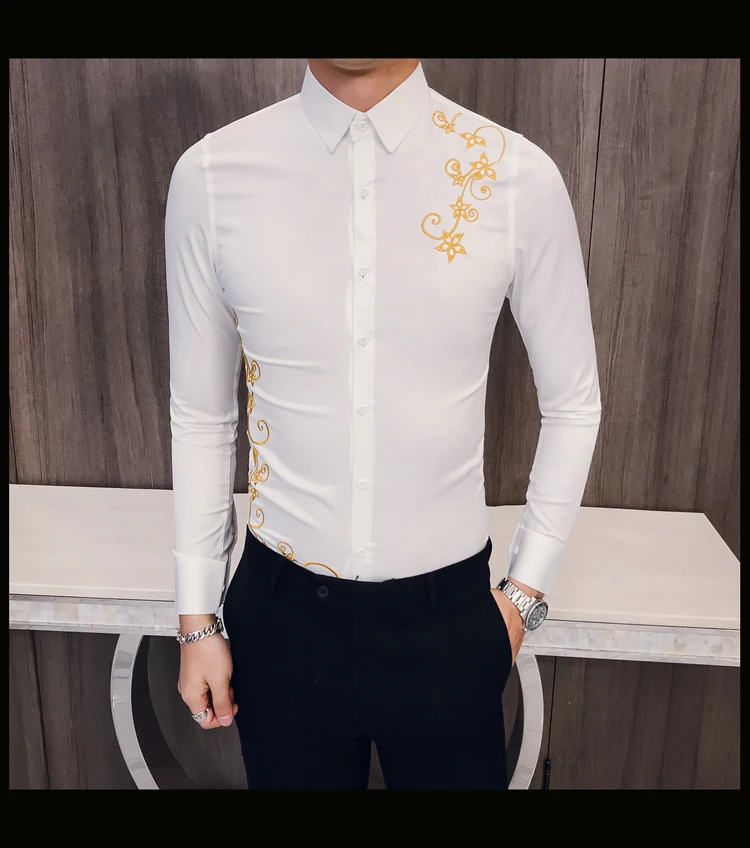 Новая Корейская вышитая рубашка мужская Kemeja Pria Slim Fit рубашка с длинными рукавами Мужская рубашка для выпускного вечера для клуба Camisa Masculina Весна