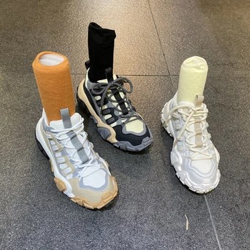 

Little Su fairy shoes women's casual sports lace up color blocking non slip thick bottom ins shoes running shoes real leather a1