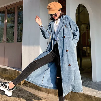 

Autumn new cowboy windbreaker women's long coat trench students loose college windport flavor coats