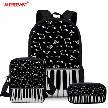 

WHEREISART Student Backpacks 3Pcs/Set Music Notes School Shoulder Bags for Teenagers Girls Boys Piano Printed Primary School Bag