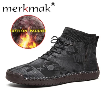 

Merkmak Winter Men Boots Genuine Leather High Top Lace-Up Snow Boots Warm With Fur Waterproof Ankle Shoes Large Size 38-48 Flat