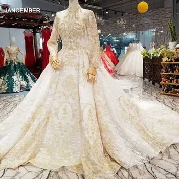 شراءLS410065 الفاخرة الذهبي الدانتيل دبي فساتين الزفاف عالية الرقبة طويلة الأكمام شفافة الظهر السعر الحقيقي الصين алманнарвивка