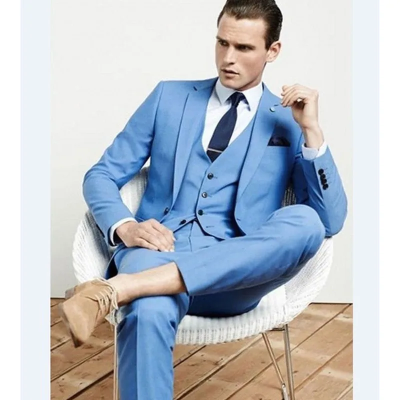 

Custom Made Mens Light Blue Suits Formal Men Suit Set men wedding suits groom tuxedos(jacket+pants+vest)
