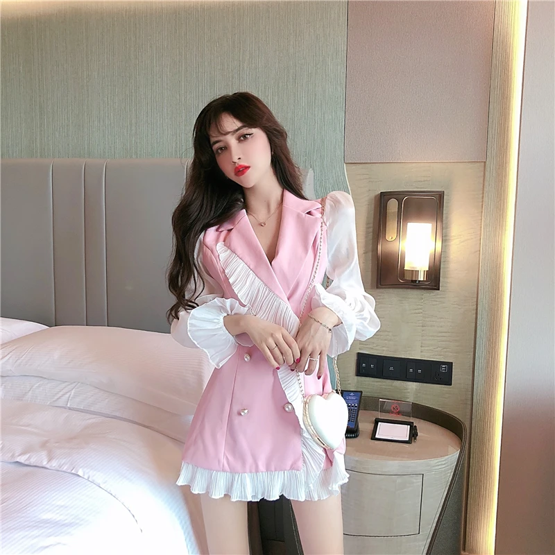 1038# видео фотосессия Мода дебютантка Изящные похудения двубортный воланами костюм пиджак платье