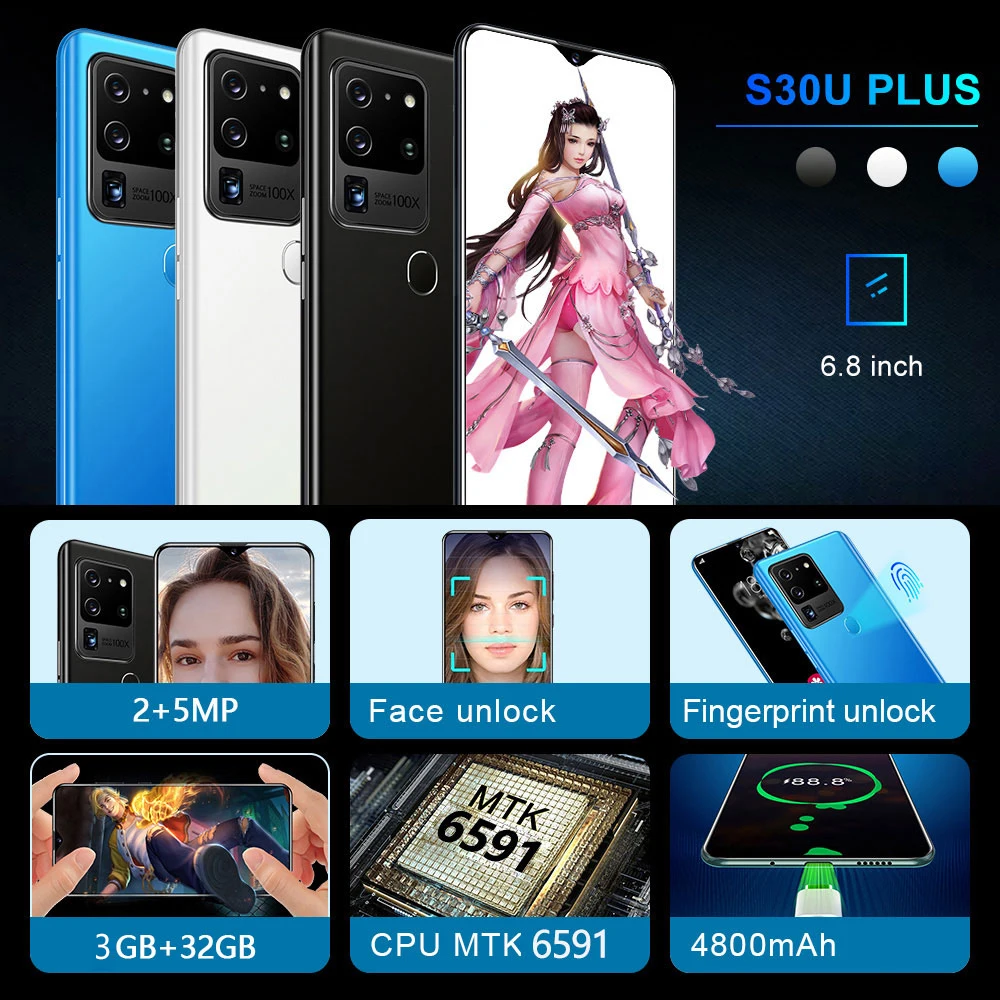 SOYES S30U Plus Mobile Phone Android10.0 4G LTE Cellphones Unlock Face ID 6.8 inch 32G ROM Dual SIM Card Telephones 4800mAh