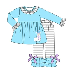 Outono meninas roupas azul manga longa superior e cinza listrado calças azul chapéu roxo cachecol camelo bordado padrão menina outfits