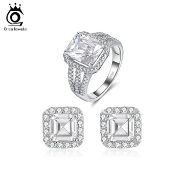 

ORSA JEWELS Real 100% 925 Sterling Silver Ring Earrings Set For Women Romantic Square Clear AAAA Clear CZ Jewelry Gift Sets SS67