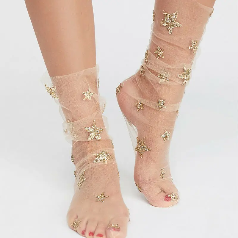 1 пара, женские блестящие тонкие Мягкие сетчатые тюлевые носки со звездами сетчатые чулки прозрачные носки с дизайном «звёзды» для девочек