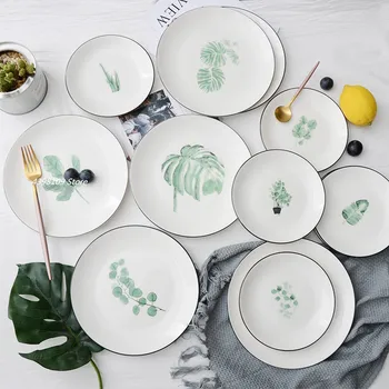 

6 inch-8 inch Nordic green plant ceramic tableware Western steak dish fruit salad dessert plate cutlery decorative plate