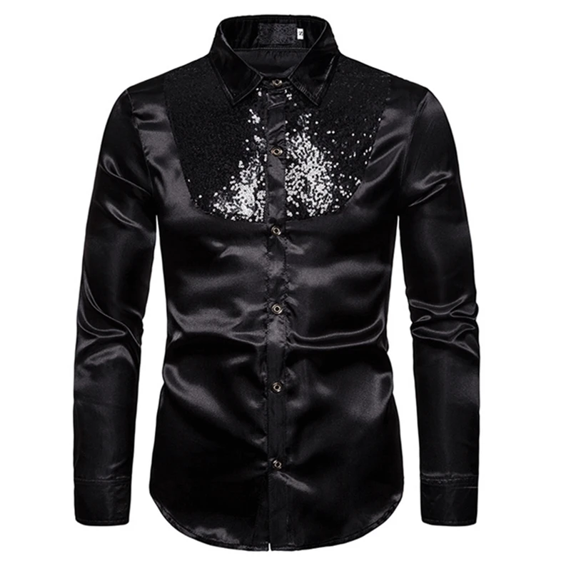 Черный Стильная белая шелковая атласная Мужская рубашка Chemise Homme, Повседневная приталенная Мужская рубашка с длинным рукавом, деловая Свадебная мужская рубашка - Цвет: Черный