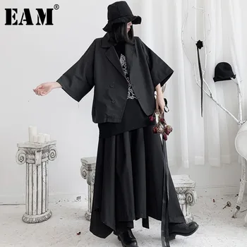 

[EAM] Loose Fit Black Brief Big Size Jacket New Lapel Three-quarter Sleeve Women Coat Fashion Tide Spring Autumn 2020 19A-a658