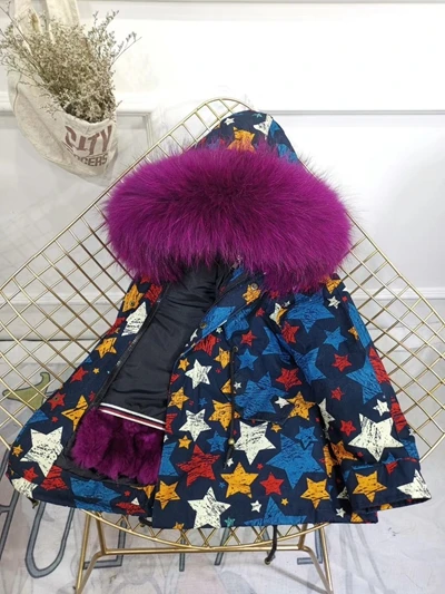 Children Winter Jacket Graffiti Boys Girls Real Fur Coat Thick Warm Rabbit Fur Kids Jacket Coat Furry Natural Fur Collar TZ428 - Цвет: Star Purpe Fur