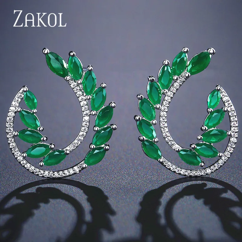 Модные синие серьги-гвоздики с фианитами и кристаллами ZAKOL для женщин, модные свадебные украшения в виде листьев FSEP2149
