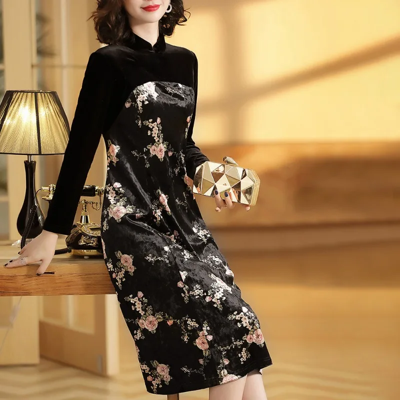Женское осеннее платье Cheongsam с цветочным принтом элегантное длинным рукавом и