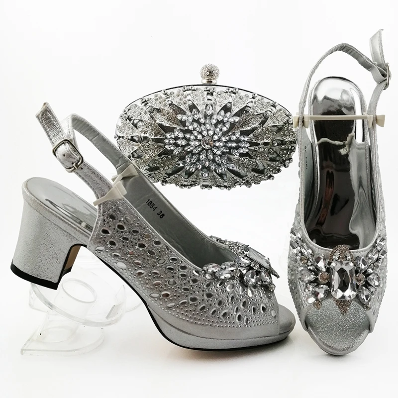 Комплект из сумки и обуви в африканском стиле; винная сумка и обувь; Итальянская обувь с сумочкой в комплекте; новейший дизайн; роскошная дизайнерская обувь для женщин - Цвет: Серебристый