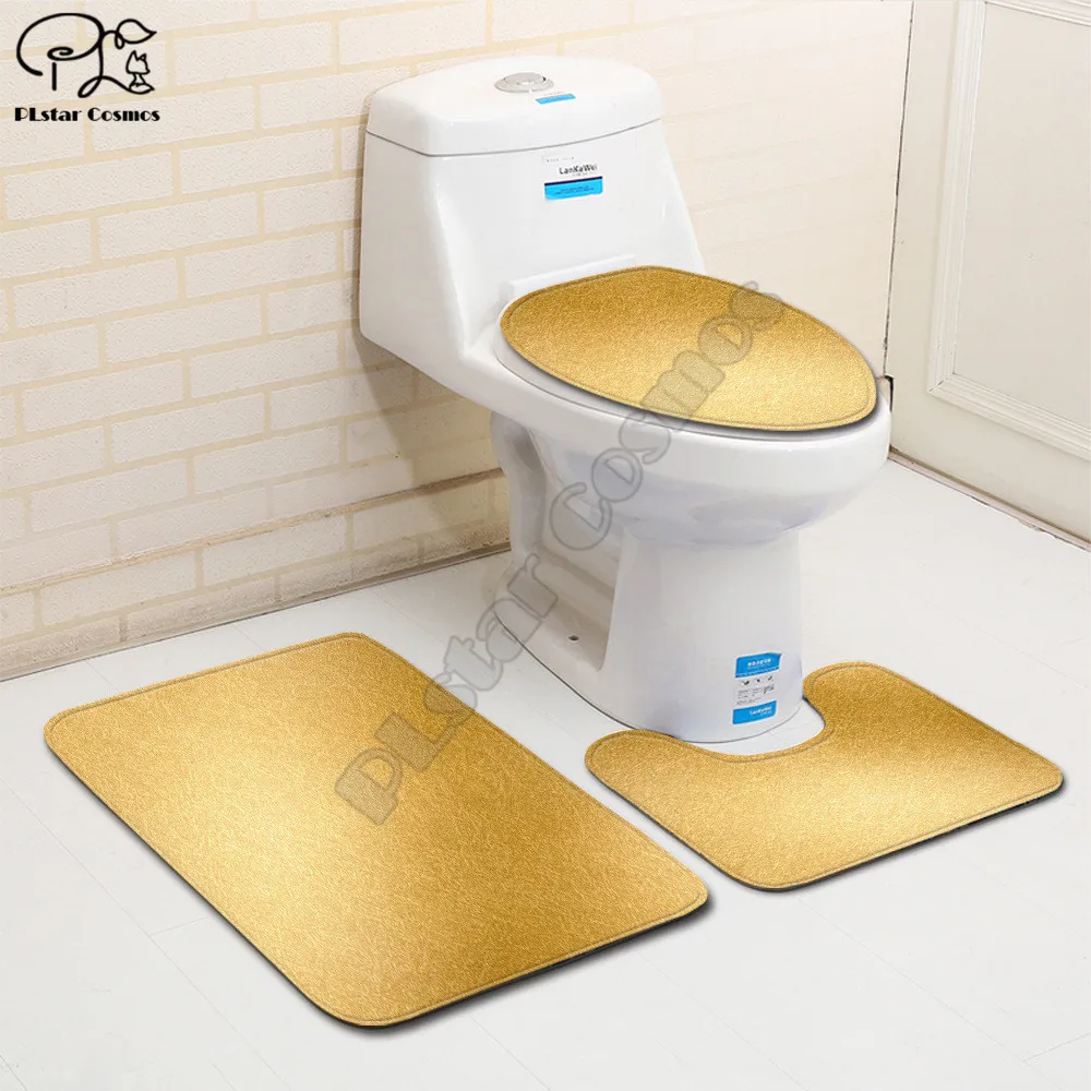 Golden metal solid color pattern 3D printed Bathroom Pedestal Rug Lid Toilet Cover Bath Mat Set style-3