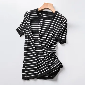 

Marine Short Sleeve Stripped Tops Knitted Tencell Linen Tees Shirts Women's T-Shirt