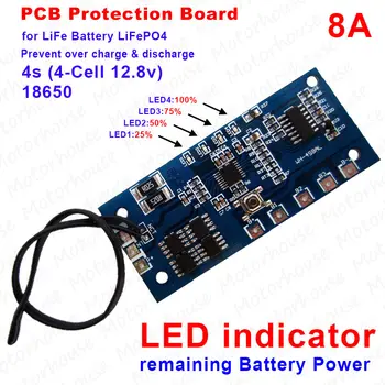 

8A PCM BMS Battery Protection Board LED Indicator For 4S 4-cell 12.8V LiFe LiFePO4 Battery
