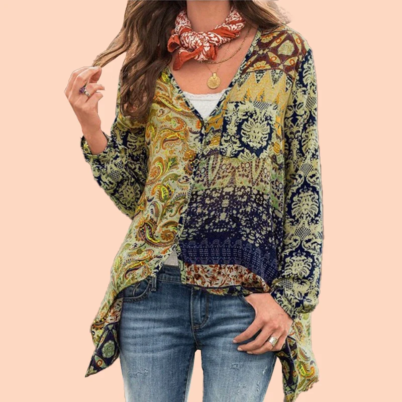 Women Blouses Floral Print Plus Size Blouse Bohemian Long Sleeve V Neck Shirts Casual Ladies Tops Vintage Haut Femme Blusas 2020