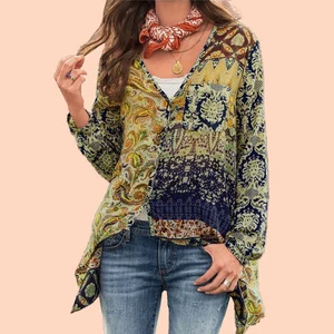 Women Blouses Floral Print Plus Size Blouse Bohemian Long Sleeve V Neck Shirts Casual Ladies Tops Vintage Haut Femme Blusas 2020