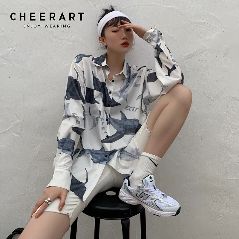 

CHEERART Shark Print Oversized Shirt White Long Sleeve Top Women 2020 Button Up Collar Shirt High Fashion New Blouses