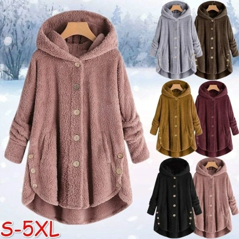 

Fashion Women Coats Autumn Winter Outwear Tops Solid Color Plush Hoodies Loose Warm Faux Fur Cardigan Coat with Pocket Plus Size