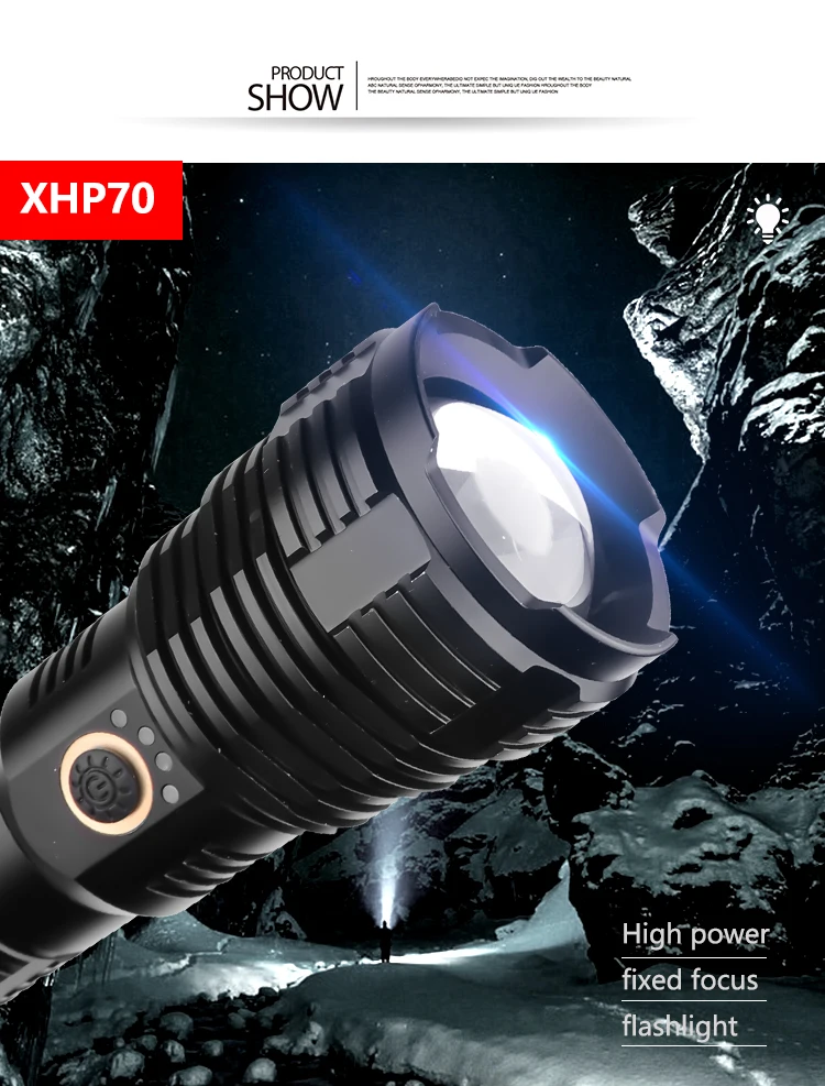 Супер мощный светодиодный фонарик с подзарядкой от USB XHP70 светодиодный фонарь Водонепроницаемый фонарь с зумом с батареей 18650 26650