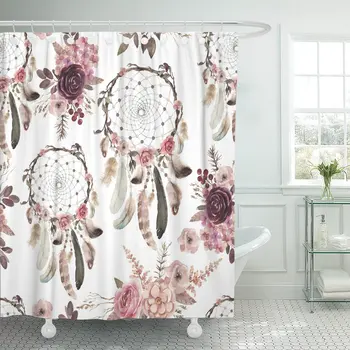 

Shower Curtain Watercolor Ethnic Boho Floral Pattern Dream Catchers and Flowers Waterproof Polyester Fabric Set with Hooks