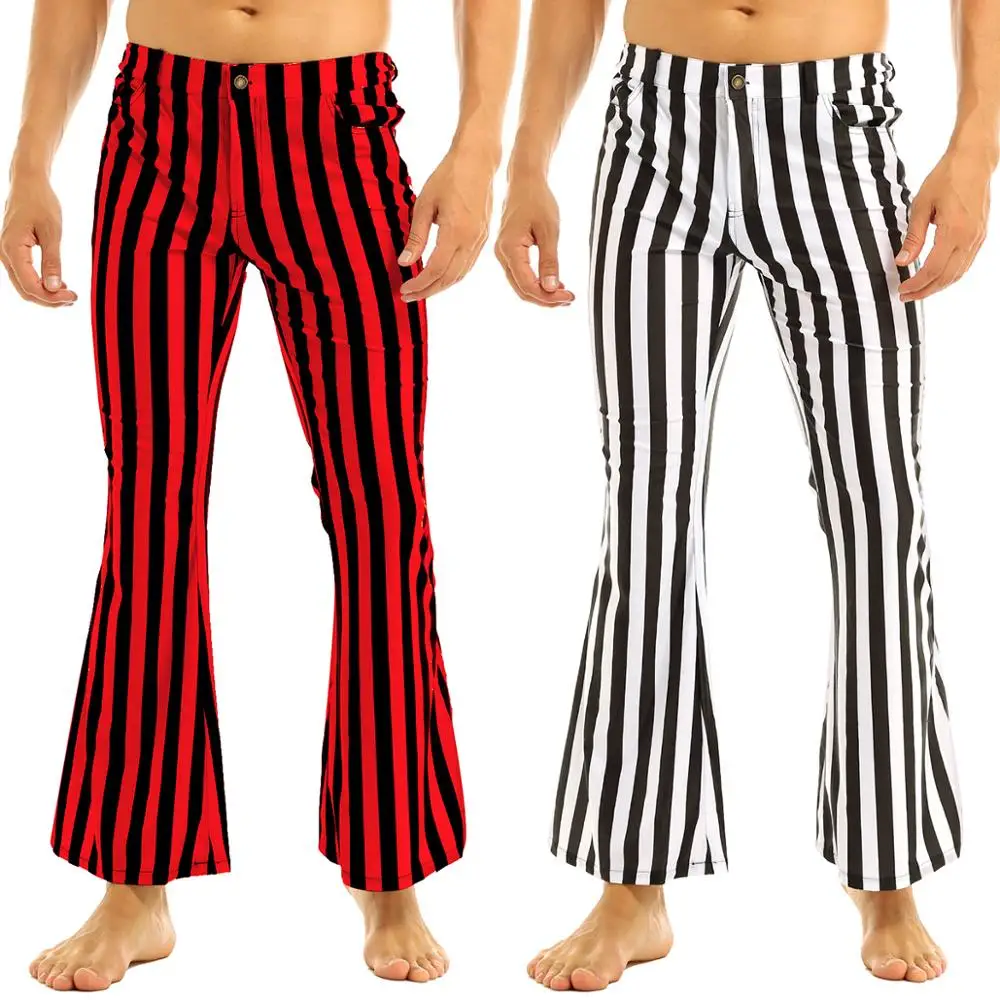 iiniim Mens 60's 70's Retro Vintage Mid Waist Striped Stretch Bell Bottom Super Flares Long Pants Casual Trousers Sexy Panties