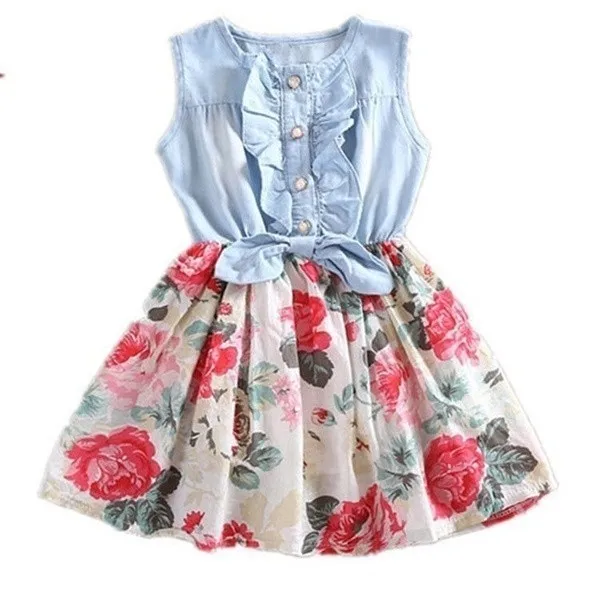 Платье для девочек, хлопковая джинсовая детская одежда с длинными рукавами и цветочным принтом, платье для девочек с вышитым рисунком, От 3 до 7 лет