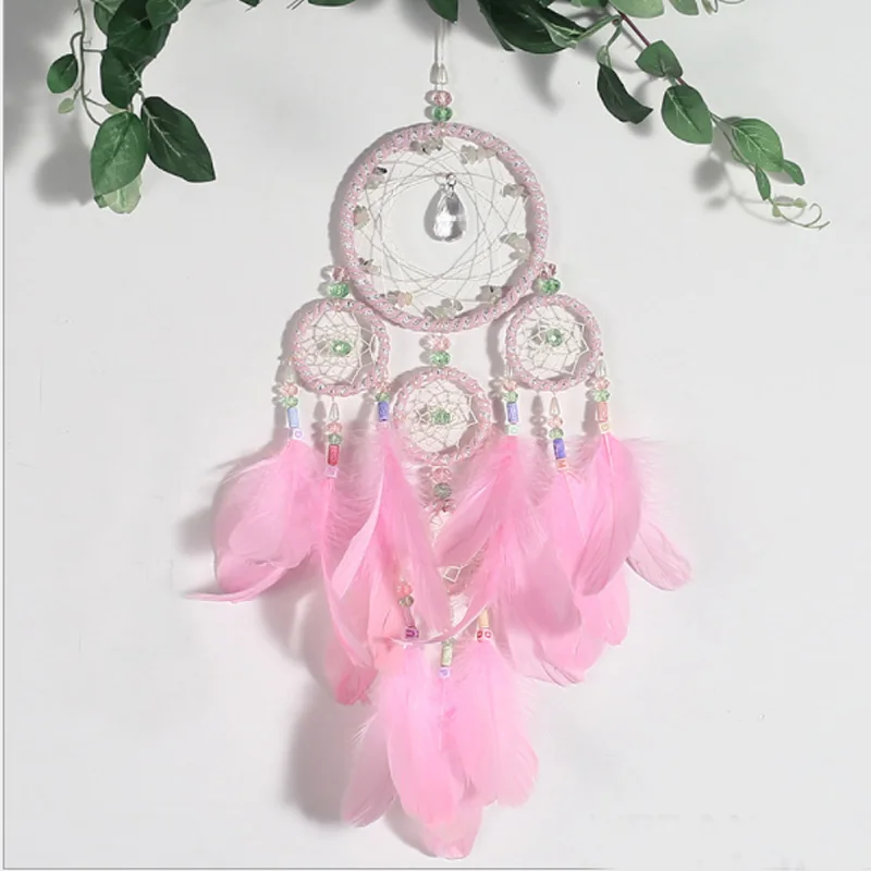 

4 Circle Pink Crystal Dreamcatcher Handmade Wind Chimes Hanging Pendant Dream Catcher Living Room Art Decoration Wedding Decor