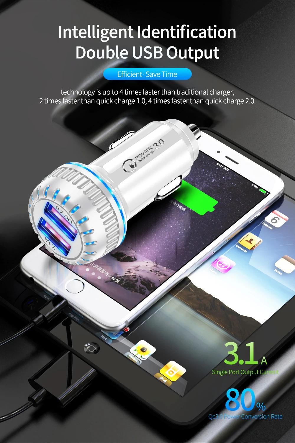 Автомобильное зарядное устройство Udyr 3,1 A с двумя usb-портами для iPhone X 11, samsung, huawei, Xiaomi, автомобильное зарядное устройство, быстрый светодиодный, быстрая зарядка 3,0, зарядное устройство для мобильного телефона