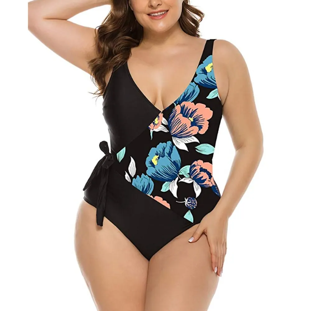 2020 Print Bowknot One Piece Swimsuit V Neck Backless Plus Size Swimwear Tummy Control Bathing Suit Big Size Monokini Set M-3XL