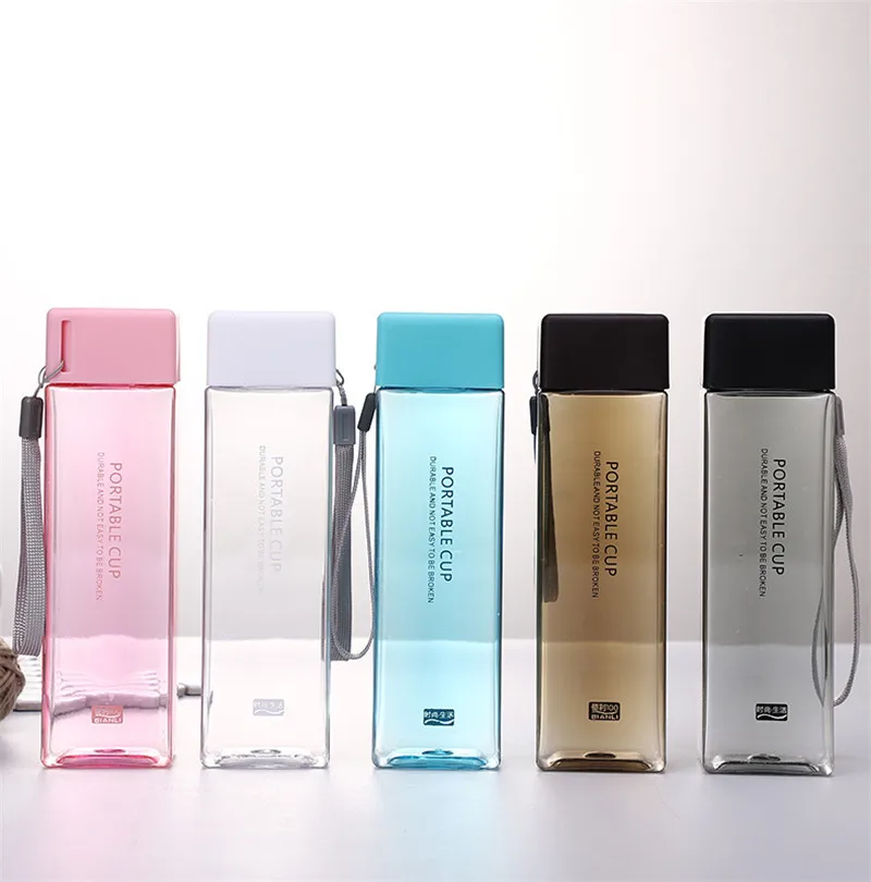

Cute New Square Tea Milk Fruit Water Cup 450ml for Water Bottles Drink with Rope Transparent Sport Korean style