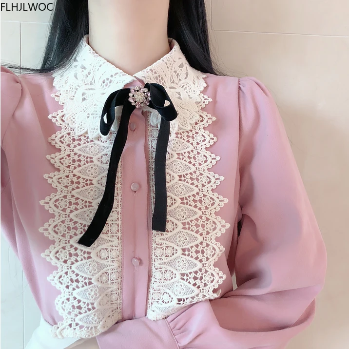 Womens Basic Office Lady Work Wear Cute Vintage Bow Tie Top White Lace Single Breasted Button Solid White Pink Shirts Blouses 5
