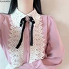 Womens Basic Office Lady Work Wear Cute Vintage Bow Tie Top White Lace Single Breasted Button Solid White Pink Shirts Blouses 5