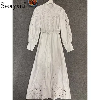 

Svoryxiu 2020 Runway Spring Summer White Maxi Dress Women's Single-Breasted Lantern Sleeve Hollow Out Embroidery Long Dresses
