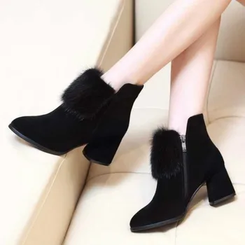 

fashion women ankle boots 2019 winter warm cotton shoes woman suede pointed black heel Zipper faux fur short ladies snow boots